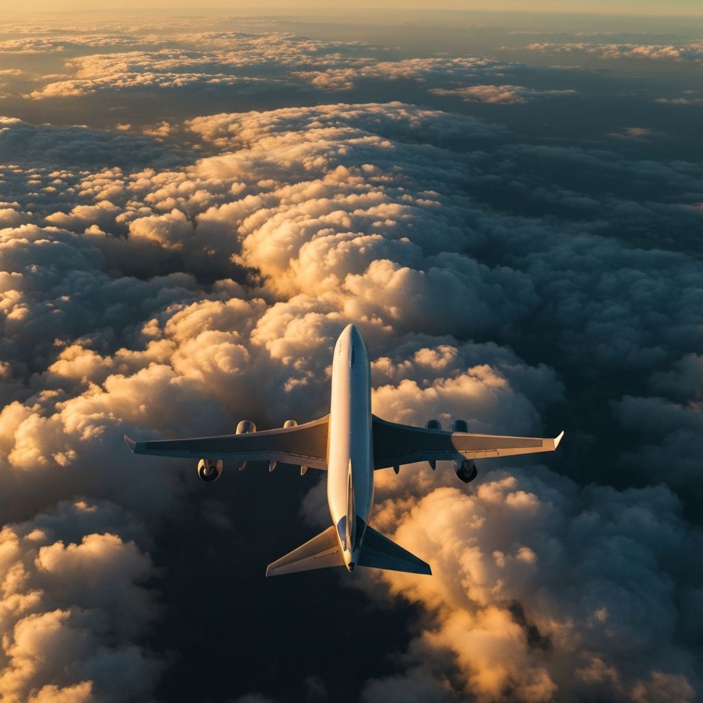 Airplane flying over clouds at golden hour